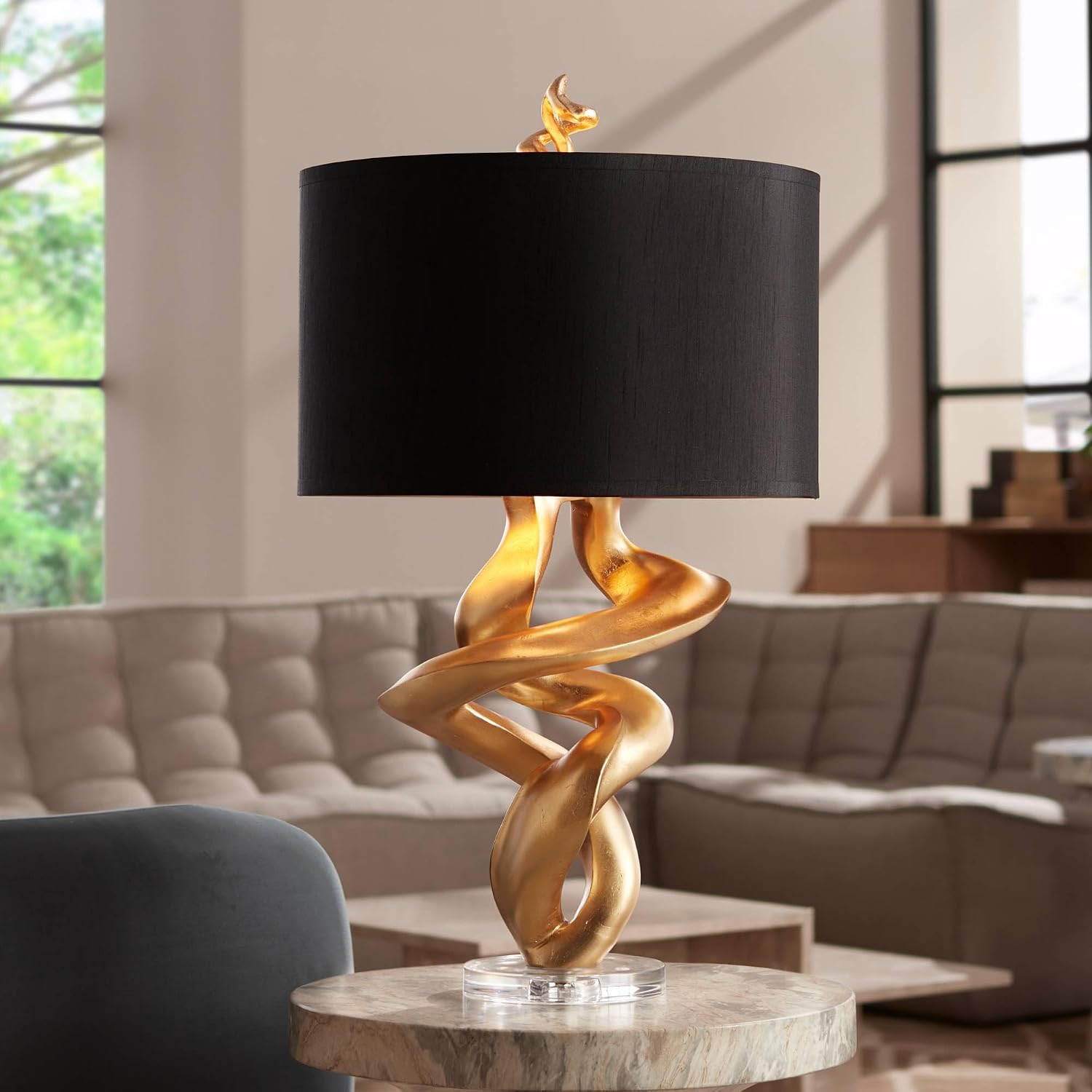 Kathy Ireland Impressions 33' Tall Sculpture Base Large Modern Luxury End Table Lamp Gold Leaf Finish Single Black Shade Living Room Bedroom Bedside Nightstand House Office Home Reading Kitchen