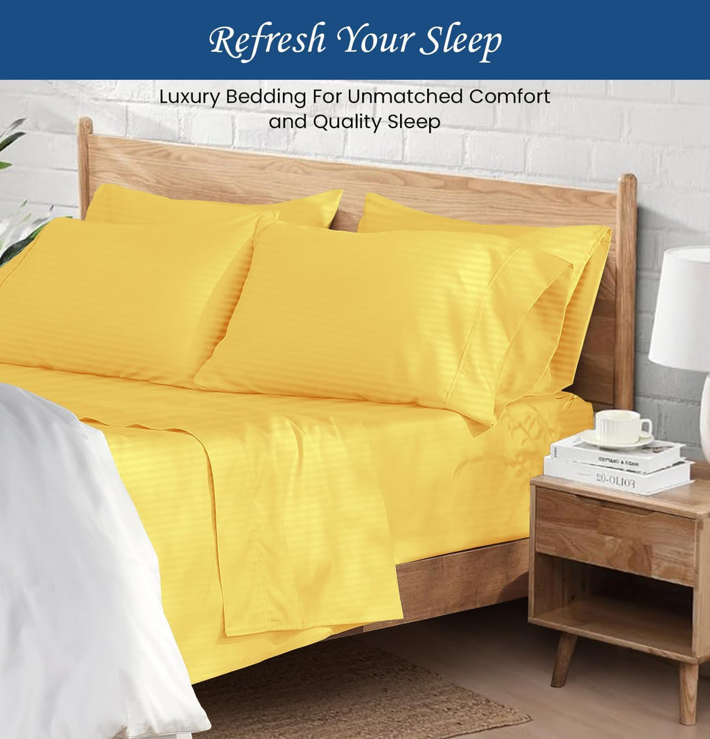 Luxury 1800 Thread Count Heavy Egyptian Cotton 4-PCs Sheet Set Fits Mattress 21-24'' Fully Elastic Deep Pocket (Queen Size) (Stripe, Gold)