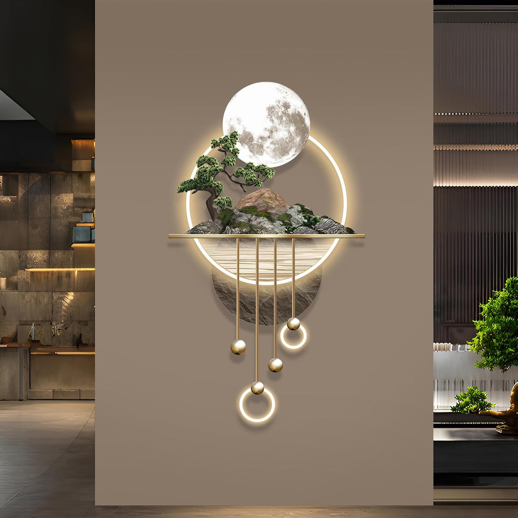 XQDYSG 3D Art Wall Decor with Light, Decor Wall Sculptures Large 3D Art, Modern Home Decor Landscape Wall Sculpture, Plug-in Power Supply, Gold A, 23x49IN
