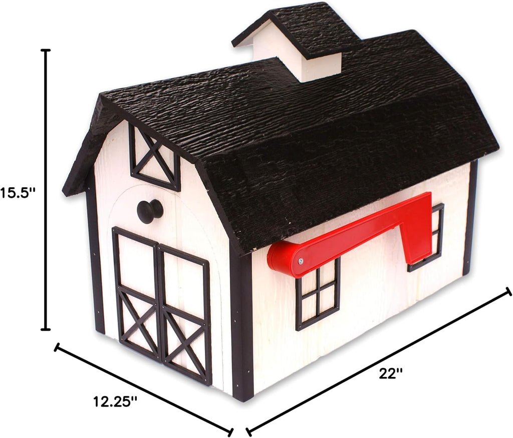 AmishToyBox Deluxe Wooden Mailbox, Dutch Barn Style with Rustic Cupola (White with Black Trim), Amish-Made