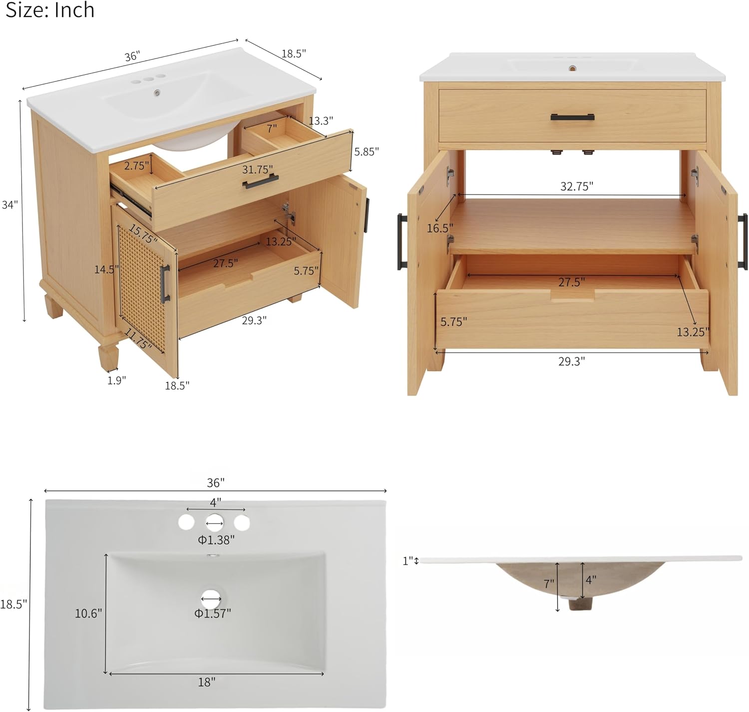 36' Rattan Bathroom Vanity with Sink, Bathroom Vanities with Soft Close Doors & Drawers, Freestanding Bathroom Sink Cabinet with Solid Wood Legs & Large Space Storage, Modern Vanity, Natural
