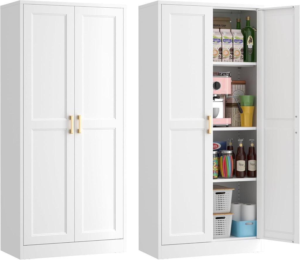 60' Tall Metal Pantry Cabinet, White Kitchen Pantry Storage Cabinet with 3 Adjustable Shelves and Gold Handles, Cupboard for Kitchen, Dining Room, Living Room, Bathroom