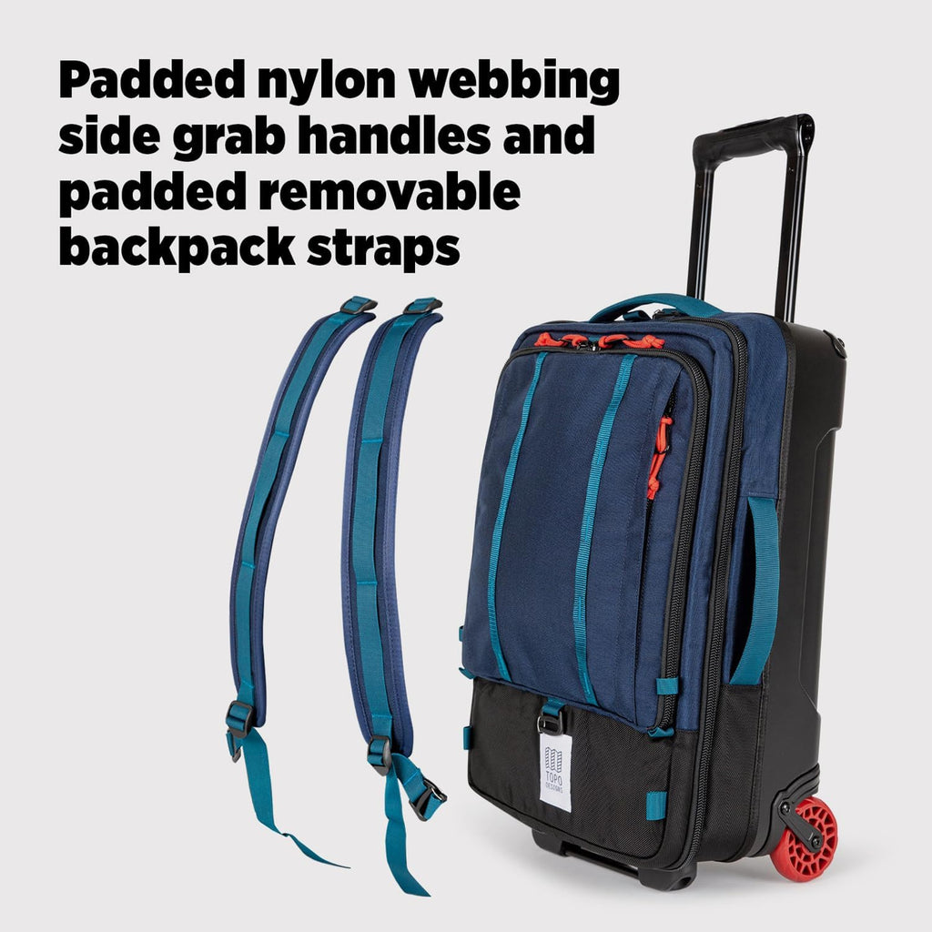 Topo Designs Global Travel Roller Bag Suitcase, Carry-On Friendly, 3 Carry Options, Smooth Heavy Duty Wheels, Telescoping Handle, Designed in Denver CO USA, PFAS Free (Dark Denim/Burgundy)