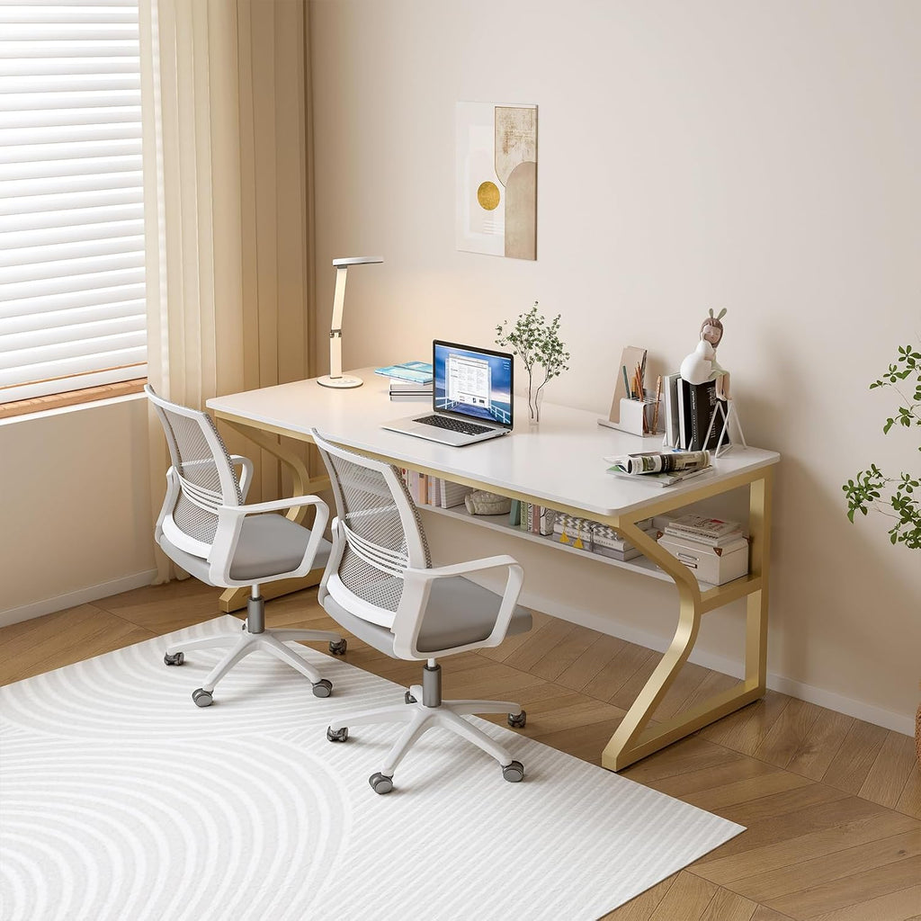 OSCHF Double Long Desk with Bookshelf - 55' Extra Long Writing Table for 2-Person Workstation, Modern Study Work Computer Desk for Home and Office, Gold