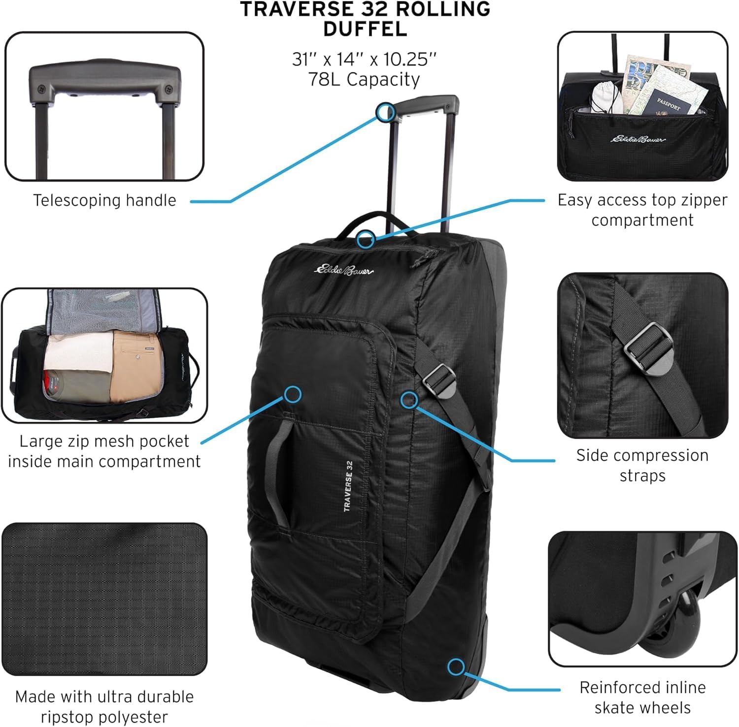 Eddie Bauer Traverse Luggage | Roller Wheels | Telescoping Handle | Travel | Vacation | Ripstop Nylon - Dark Loden, 31'