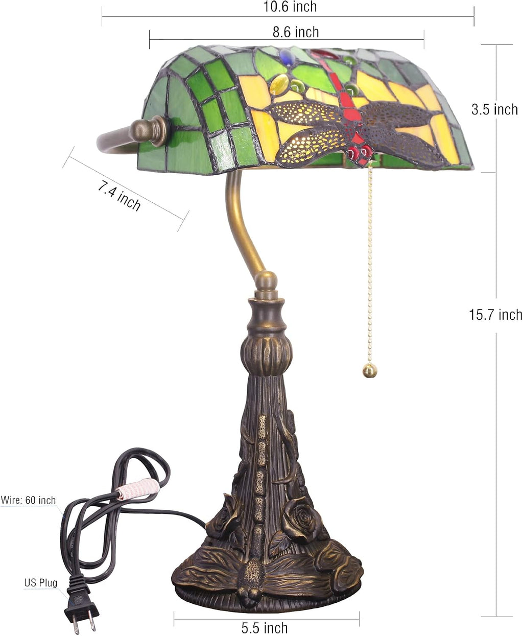 Tiffany Banker Lamp Small Stained Glass Table Lamp Tiffany Style Piano Light Green Dragonfly Style Desk Lamp Angle Adjustable 10.6X15.7 Inch for Home Office Living Room Bedroom