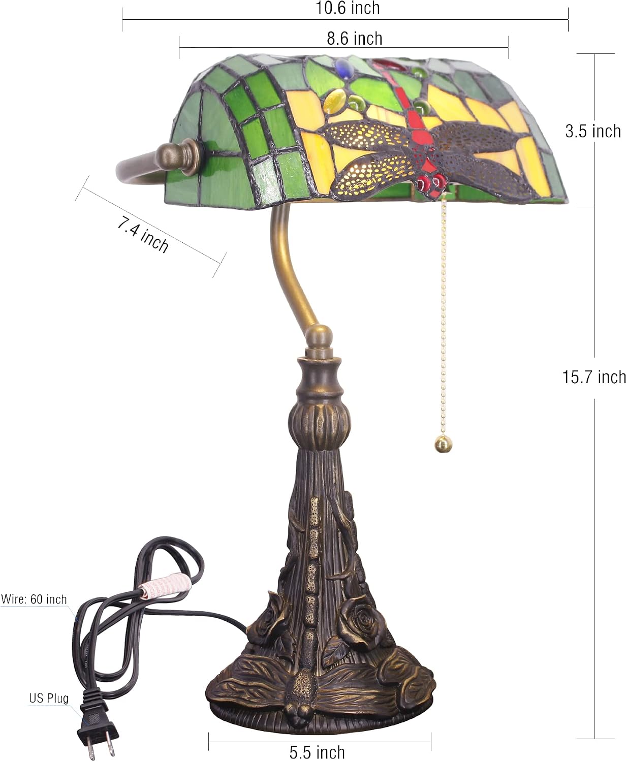 Tiffany Banker Lamp Small Stained Glass Table Lamp Tiffany Style Piano Light Green Dragonfly Style Desk Lamp Angle Adjustable 10.6X15.7 Inch for Home Office Living Room Bedroom