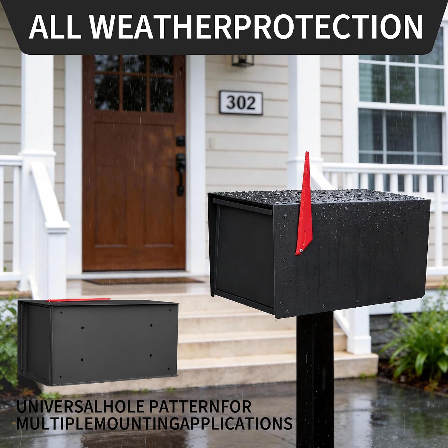 Modern Post-Mounted Mailbox, Heavy Duty Mailbox with Flag, Weatherproof Mailboxes for Outside Galvanized Steel and Rust-Proof Metal Post Box, 20' x 10' x 10' Large Black Heavy Gauge Mailbox