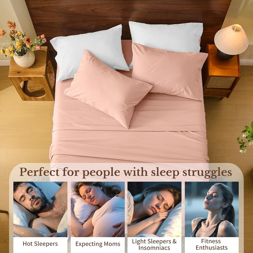 MEISHANG 100% French Pure Linen Sheets Queen Size - Bed Sheets 4 Piece Sets, Soft Durable Flax Linen, Anti-Tear Breathable Moisture Wicking with 16' Deep Pocket (Light Red)