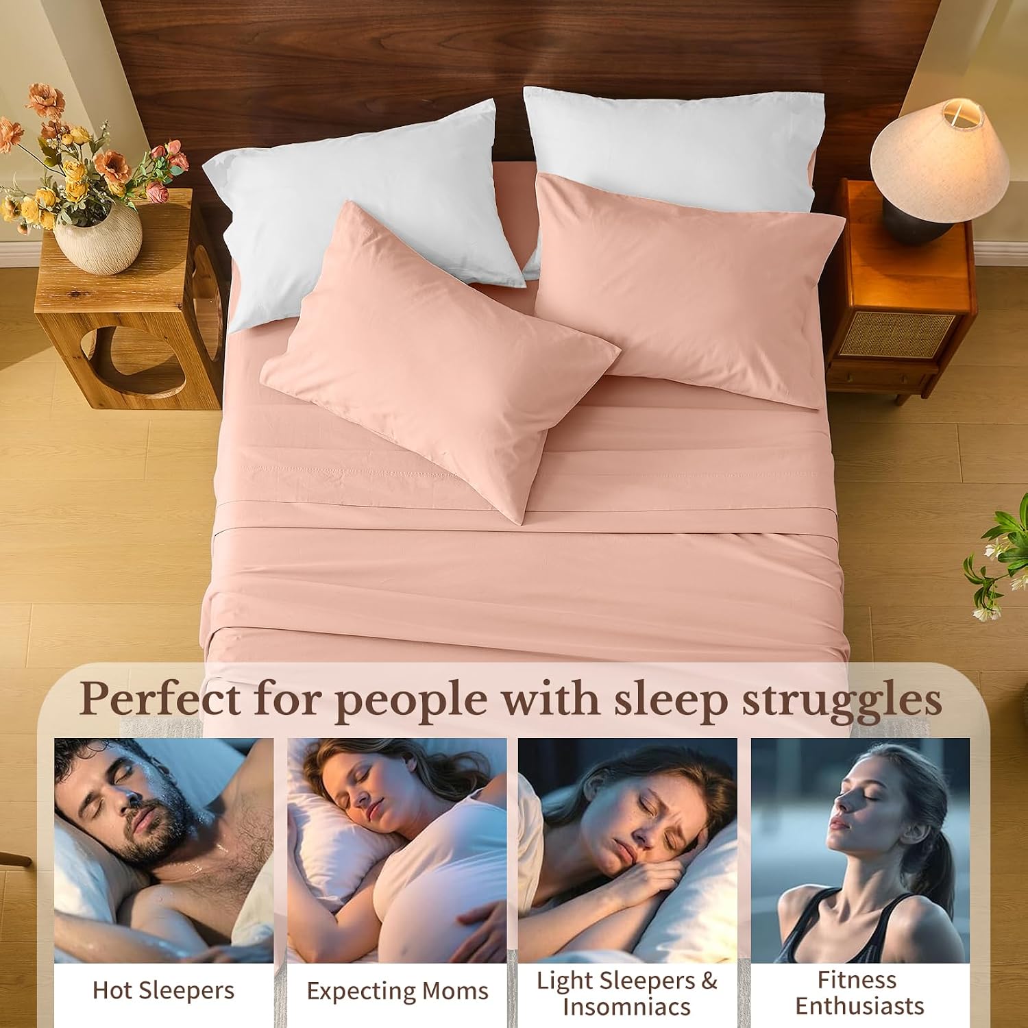 MEISHANG 100% French Pure Linen Sheets Queen Size - Bed Sheets 4 Piece Sets, Soft Durable Flax Linen, Anti-Tear Breathable Moisture Wicking with 16' Deep Pocket (Light Red)