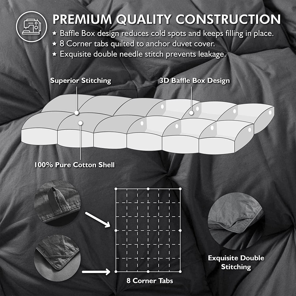 Luxurious Full/Queen Goose Down Comforter, Unique Gray Pinch Pleat, 600 Thread Count, 100% Egyptian Cotton Cover, 70 Oz Fill Weight, 750 Fill Power