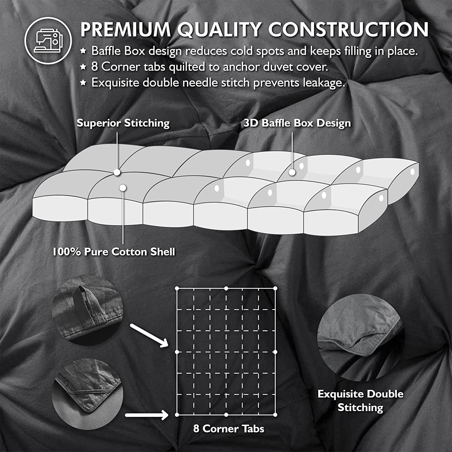 Luxurious Full/Queen Goose Down Comforter, Unique Gray Pinch Pleat, 600 Thread Count, 100% Egyptian Cotton Cover, 70 Oz Fill Weight, 750 Fill Power