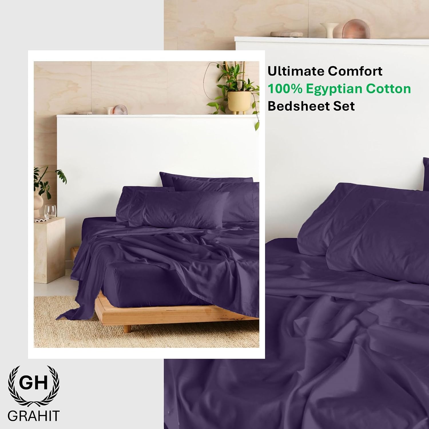 100% Egyptian Long Staple Cotton Bedsheet Set, 800 Thread Count, 6-PC Sheets Set, Plum Color, Queen Size, 15 Inch Deep Pocket of Fitted Sheet, Soft Sateen Weave Breathable