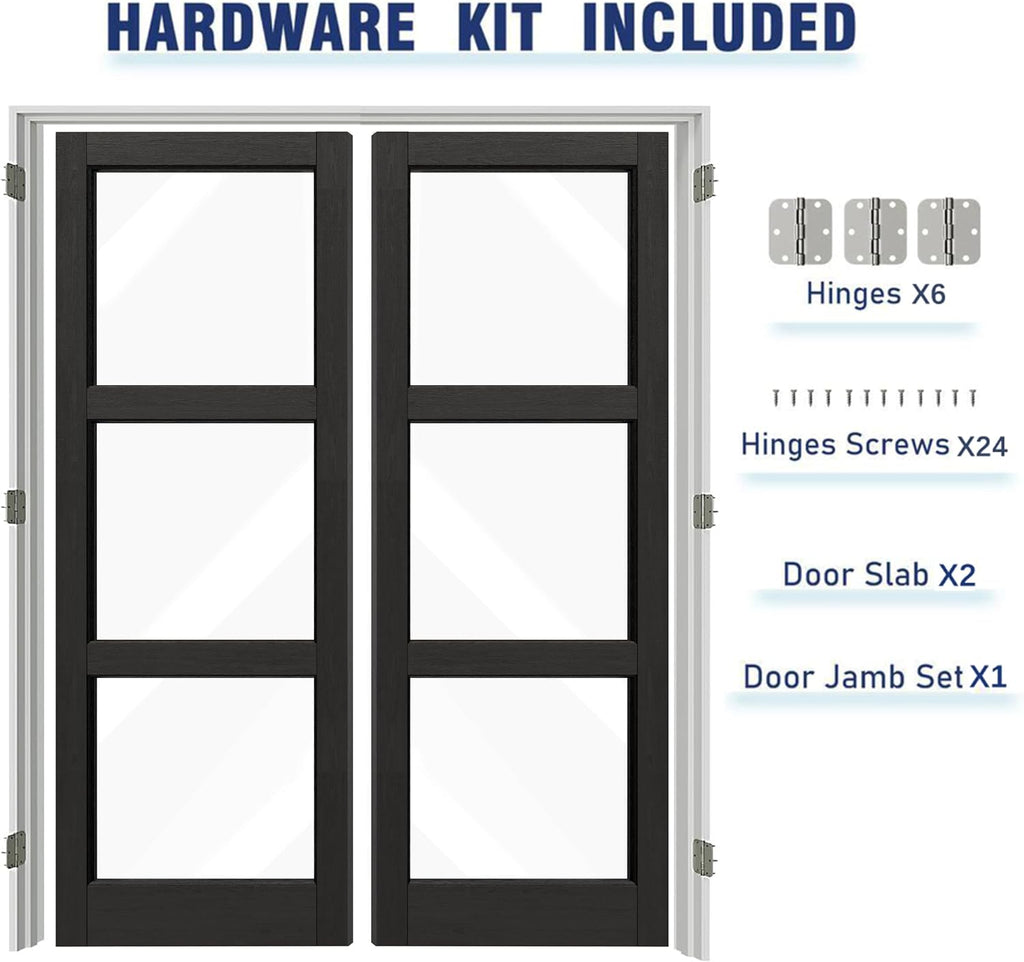French Doors, 48' x 80', 3-Lite Clear Glass Black Pantry Door, Prehung Interior Door for Home and Laundry, Solid Core & MDF with Door Jamb & Hardware Kit - Easy to Install