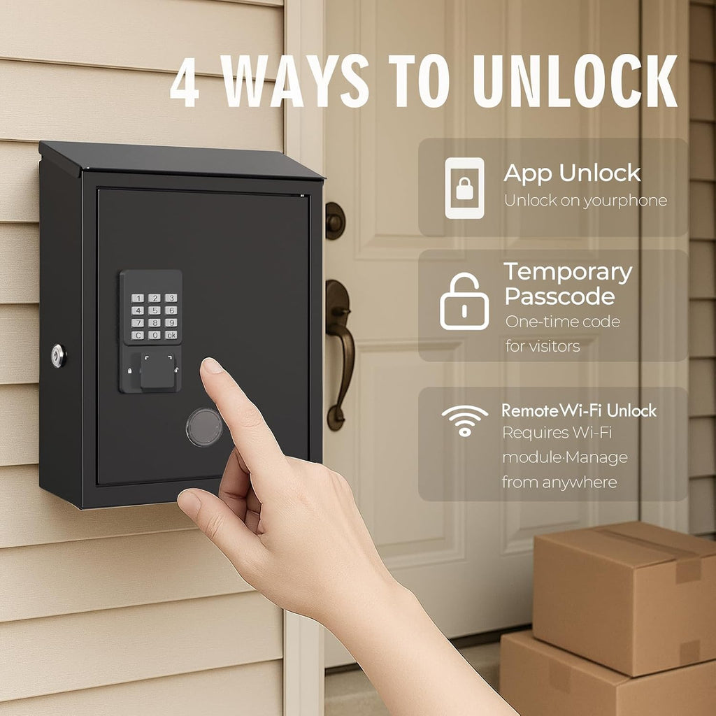 WeHere Mailbox with Electronic Lock, Wall Mount Locking MailBoxes for House, Metal Suggesion Box, Business Key Drop Box, OTP/Fixed Code/Key Unlock, Large Capacity, Black