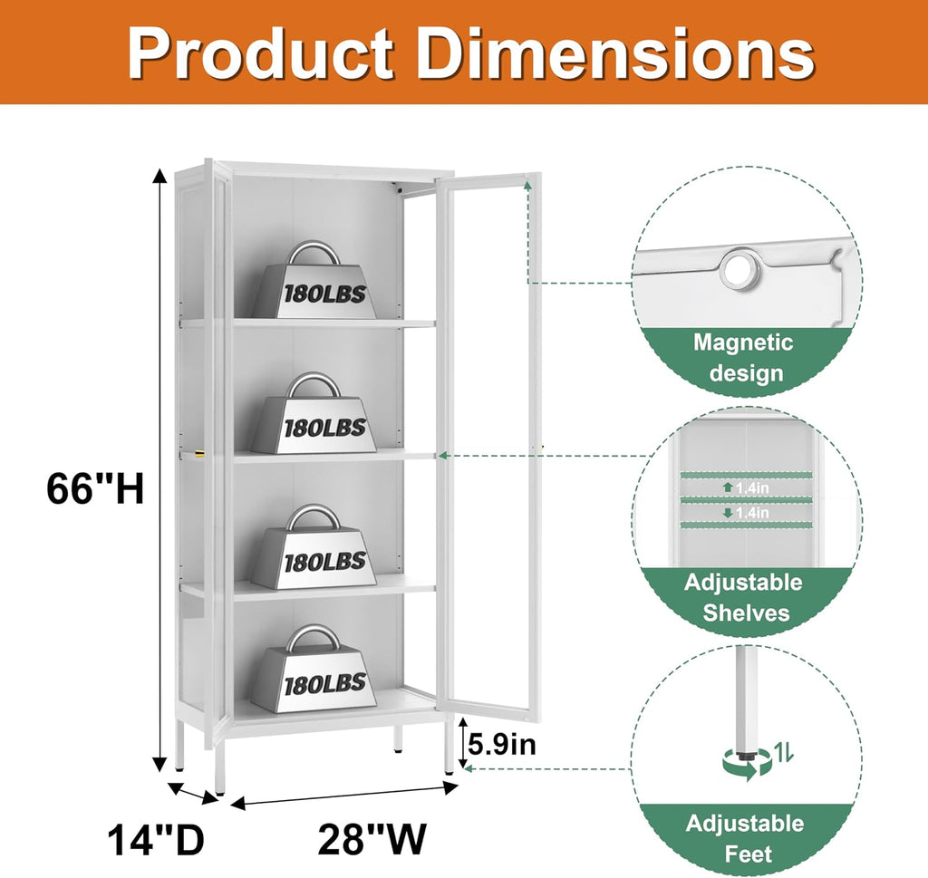 Glass Display Cabinet 4-Tier,66' H Metal Curio Cabinet with Glass Doors and 3 Adjustable Shelves,Display Case for Collectibles,Living Room (No Lights, White)