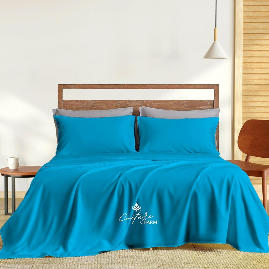 Queen Size 1000 Thread Count 100% Egyptian Cotton Sheet Set, 4-Piece, Sateen Weave, with 10-12' Deep Pocket Snug Fit (Solid, Turquoise)