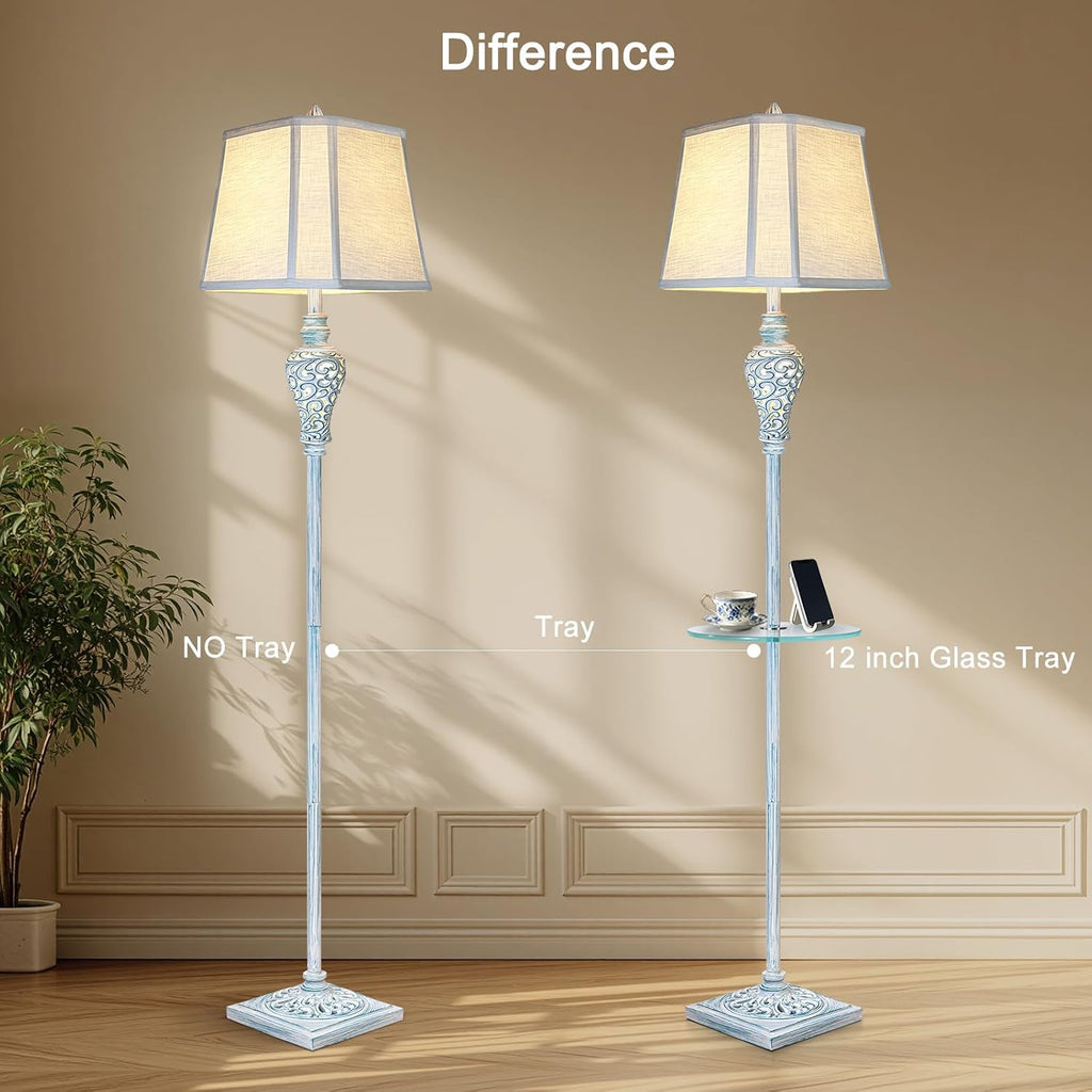 Vintage Floor Lamp with Night Light and Glass Tray, 65' High Retro Standing Lamp with Washed Blue Finish and White Linen Shade, Farmhouse Tall Lamp Decor for Living Room Bedroom House (Bulb Included)