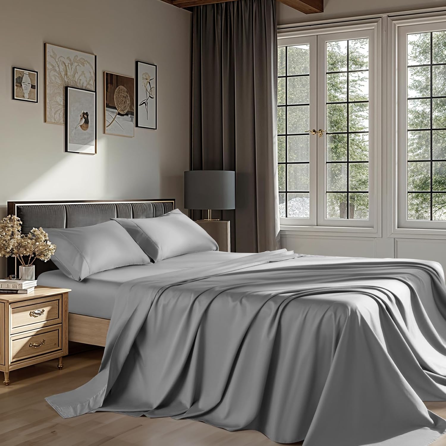 100% Cotton 1200 Thread Count Sheets Set Bedding Sets,Bed Sheet 4 Piece Sets,16 inches Deep Pocket (Grey, Queen)