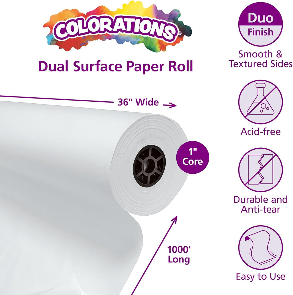 Colorations Dual Surface Paper Roll Classroom Supplies for Arts and Crafts White (36' x 1000') (Item # DSWH)