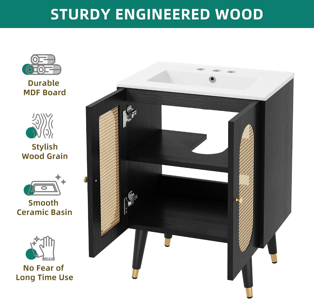 DWVO 24 Inch Rattan Vanity with Sink, Small Freestanding Bathroom Vanity Cabinet, Boho Style with 2 Large Soft-Closing Doors & Four-Sided Water Barrier Strip, Black