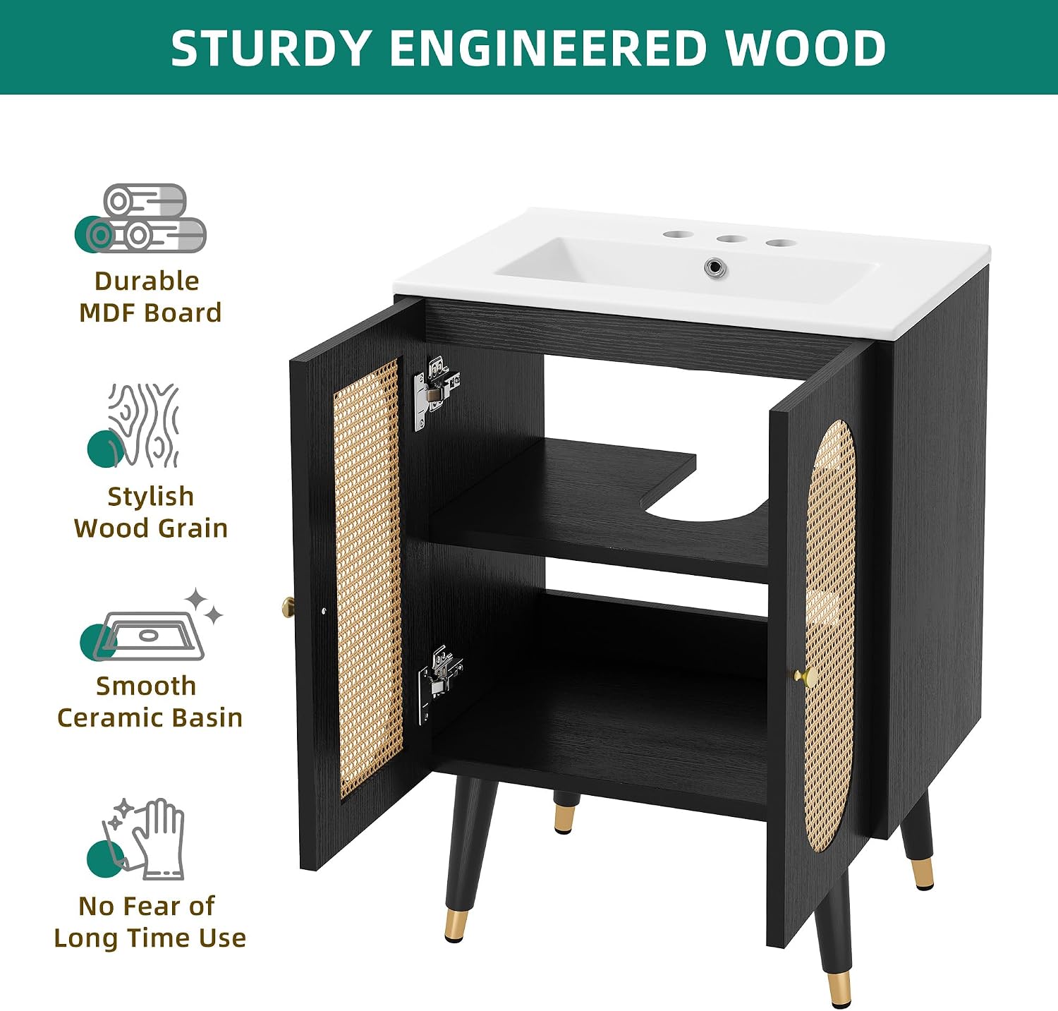 DWVO 24 Inch Rattan Vanity with Sink, Small Freestanding Bathroom Vanity Cabinet, Boho Style with 2 Large Soft-Closing Doors & Four-Sided Water Barrier Strip, Black