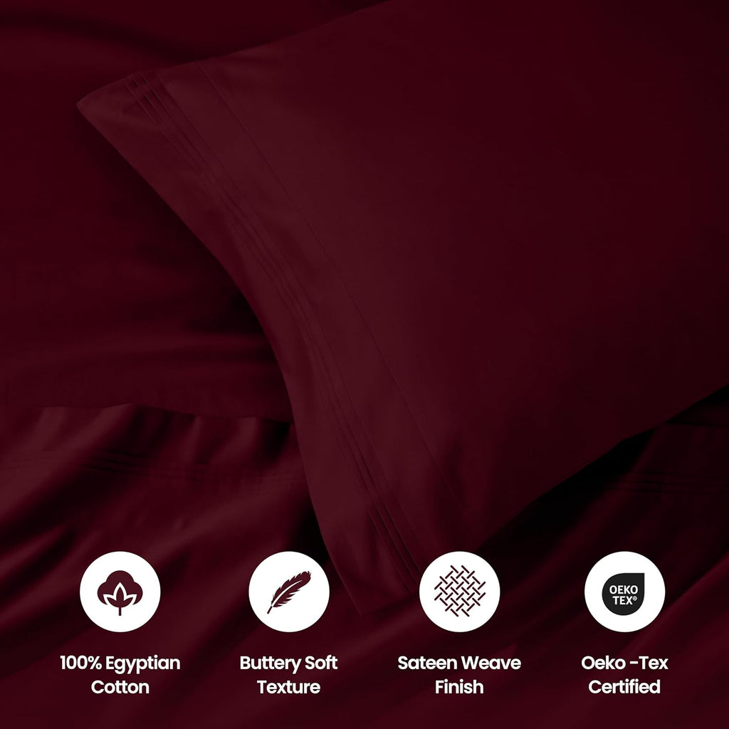 Superior Egyptian Cotton 4 Piece Sheet Set, Luxury 1000 Thread Count, Eco-Friendly, Sustainable Sheets, Ultra-Soft Basics, Solid, Deep Pocket Fitted Sheet, Flat Sheet, Pillowcases, Queen, Burgundy