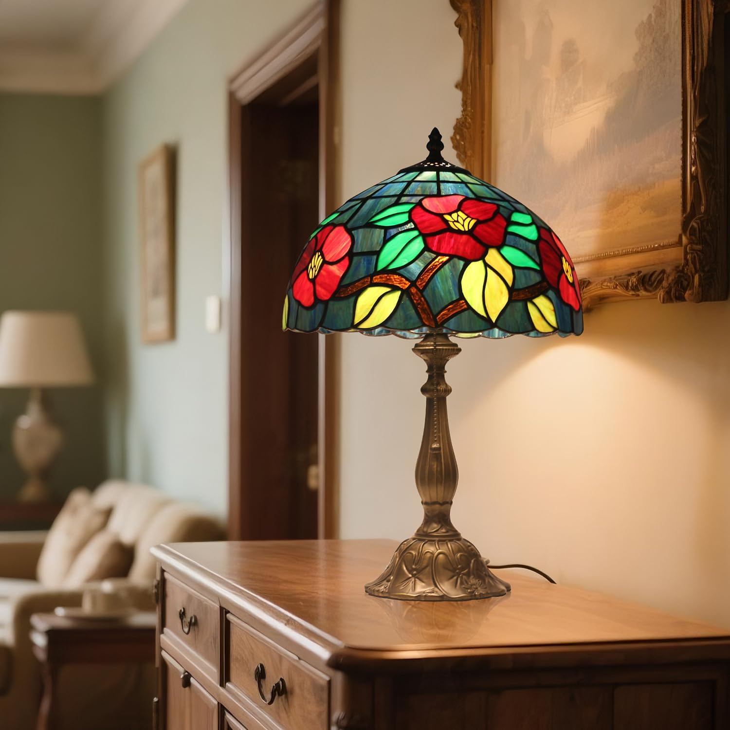 Tiffany Table Lamp, Crabapple Flower Style Stained Glass Lamp, 12X12X19 Inch Vintage Lamp, Living Room Bedroom Decor Desk Lamp