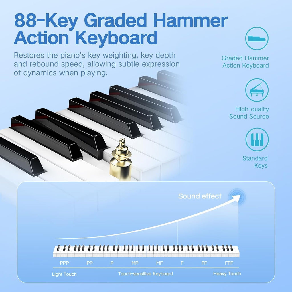 TERENCE P50 88 Key Weighted Keyboard Full Size Weighted Keyboard Piano 88 Keys with 2 * 25W Stereo Speakers,Digital Keyboard with Bluetooth,MIDI,Pedal,Audio/Video Recording,for Beginners and Advances