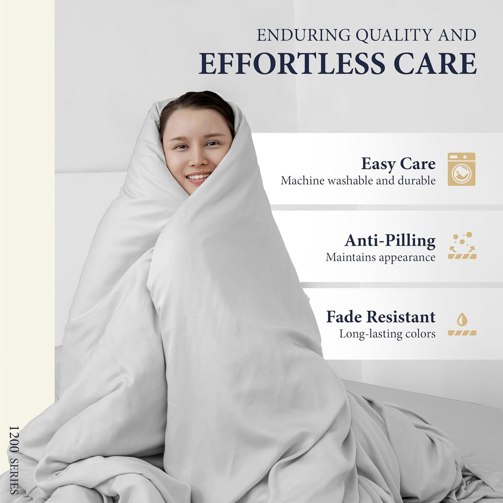 100% Egyptian Cotton Queen Size Sheets Set - Luxury 1200 Series Signature Collection Egyptian Cotton Sheet (4 PC, Light Grey), Soft Cooling, Sateen Weave, 17' Deep Pocket Hotel Bed Set