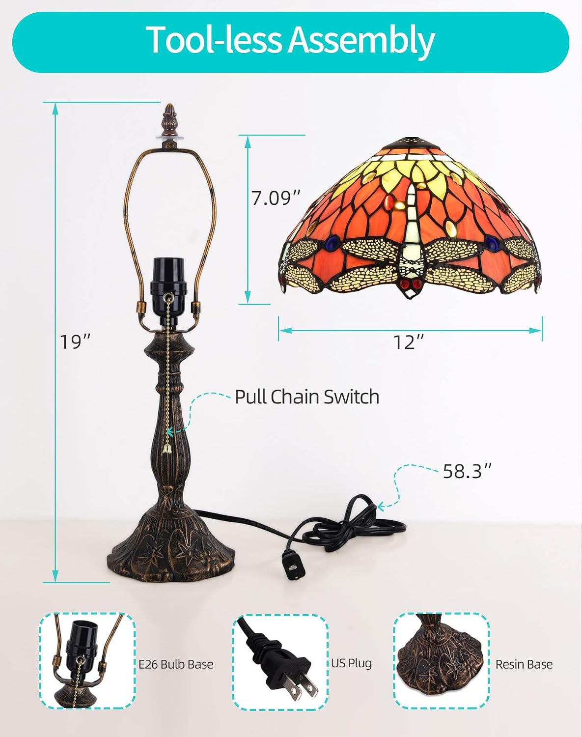 Tiffany Table Lamp, 12-inch Stained Glass Lamp for Living Room, Dining Room, Bedroom, Study Room, Office (Orange Dragonfly)