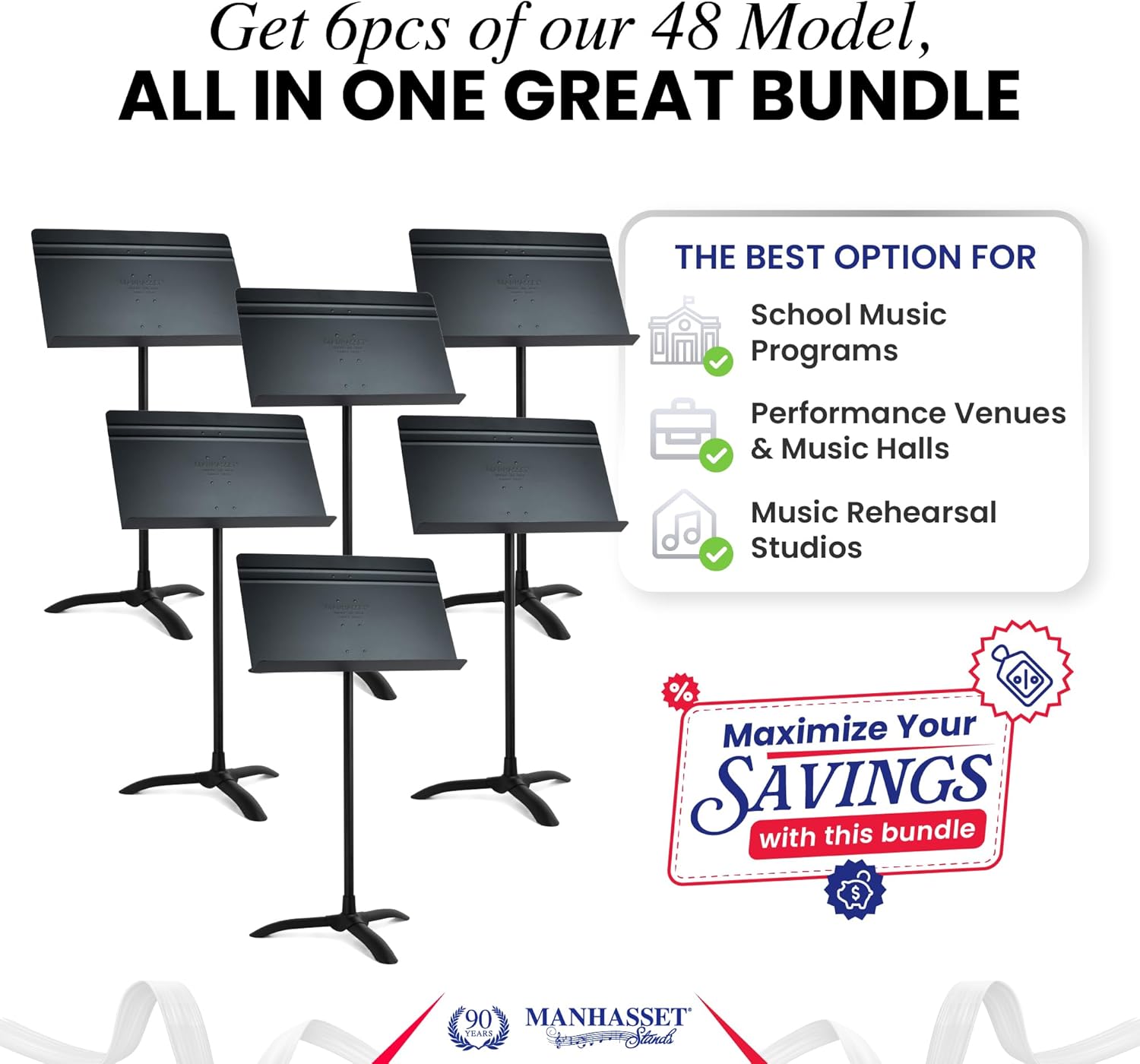Manhasset Music Stand For Sheet Music - Bulk Pack of 6 Stands - 48 Symphony Model - Long Lasting, Durable Manhasset Stand - Adjustable Height - 20' by 12' - Made in the USA