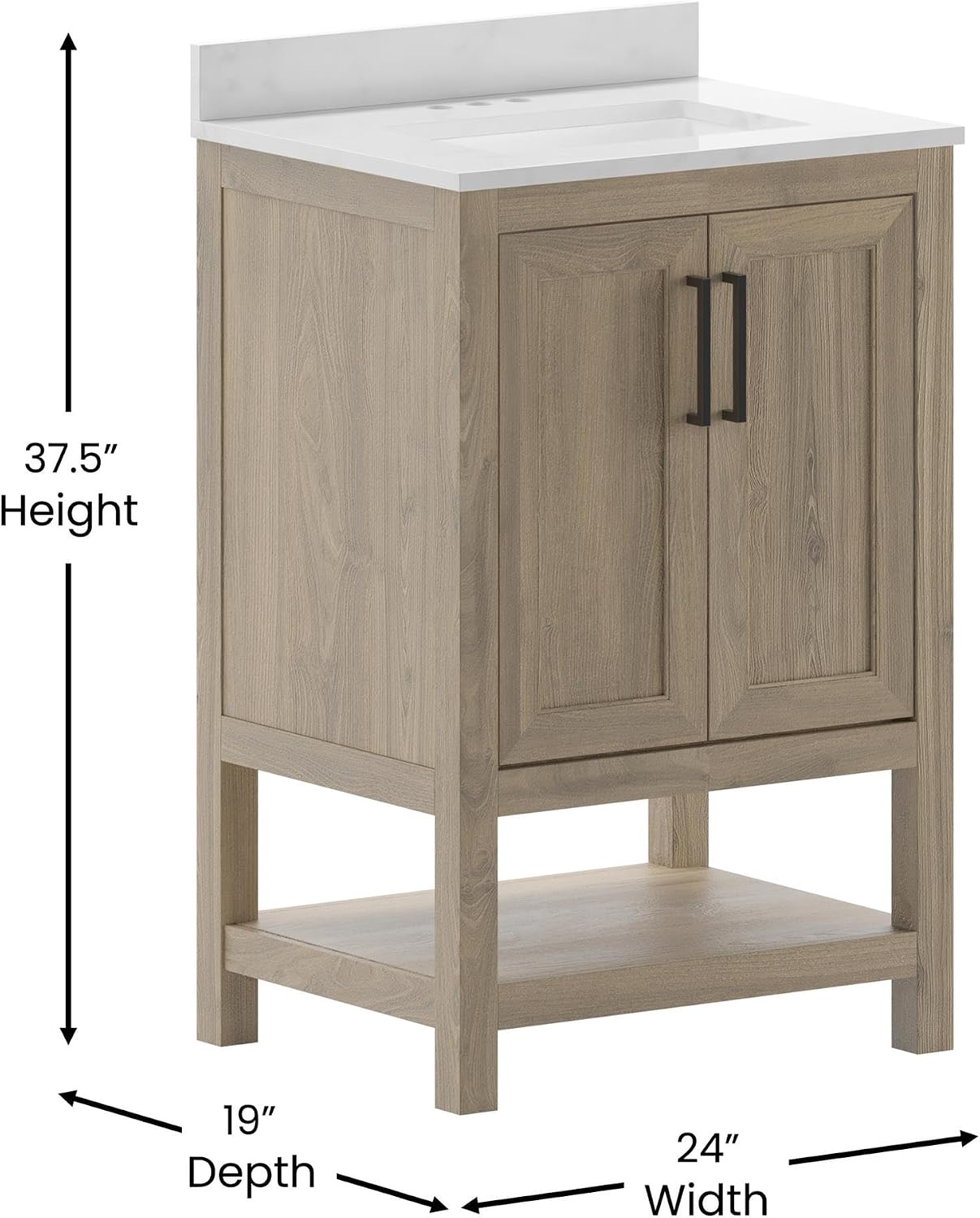 Flash Furniture Vega 24 Inch Bathroom Vanity with Sink Combo, Storage Cabinet with Soft Close Doors and Open Shelf, Carrara Marble Finish Countertop, Brown/White
