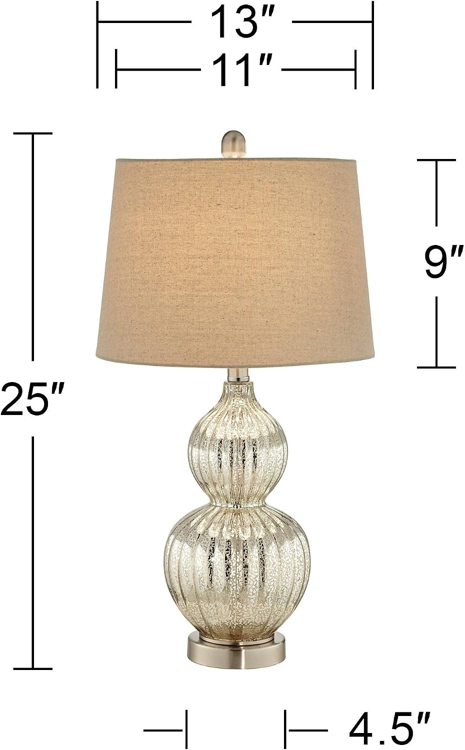 Regency Hill Lili Table Lamps 25' High Set of 2 Fluted Mercury Glass Brushed Silver Metal Double Gourd Drum Shade Decor for Living Room Bedroom House Bedside Nightstand Home Office