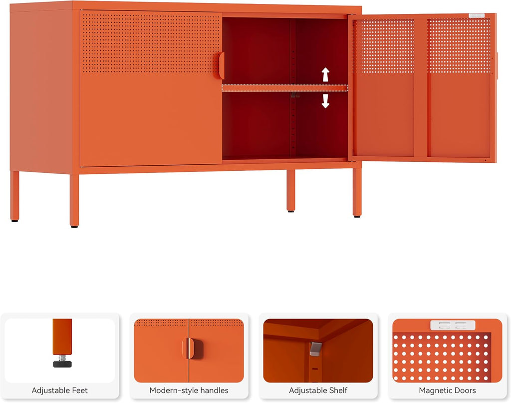 Orange Metal Storage Cabinet,2 Door TV Stand, Metal Mesh Accent Cabinet,Magnetic Door Closure,Low Storage Cabinets with Doors and Shelf for Home,Office,Living Room