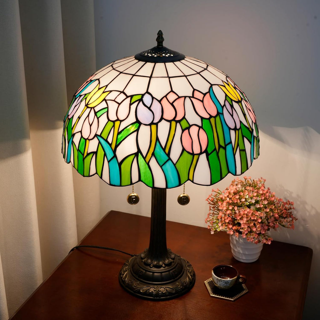 Tiffany Lamp Pink Yellow Tulips Stained Glass Table Lamp 16 inch Large Desk Light Antique Beside Reading Lamp for Home Living Room Bedroom Office
