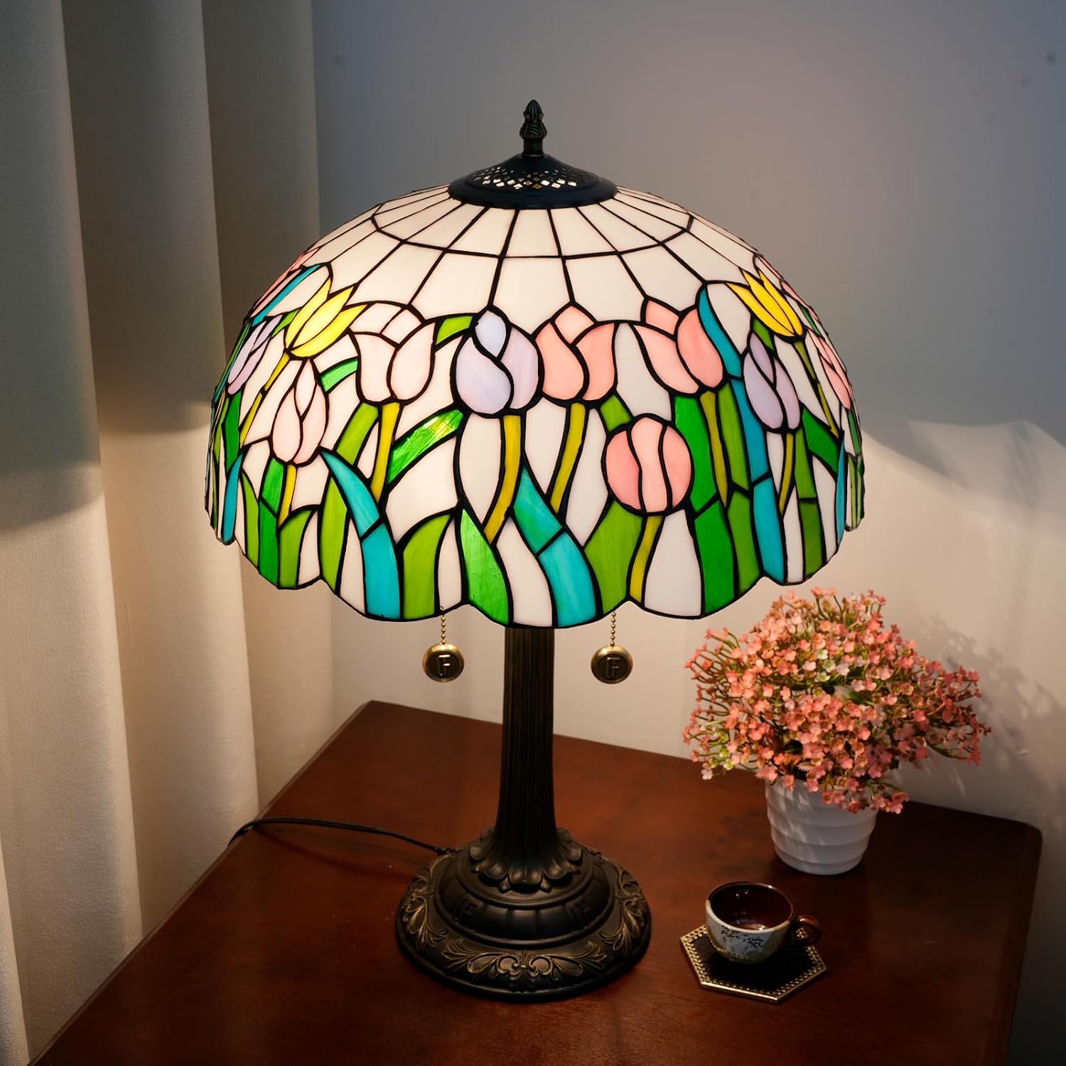 Tiffany Lamp Pink Yellow Tulips Stained Glass Table Lamp 16 inch Large Desk Light Antique Beside Reading Lamp for Home Living Room Bedroom Office