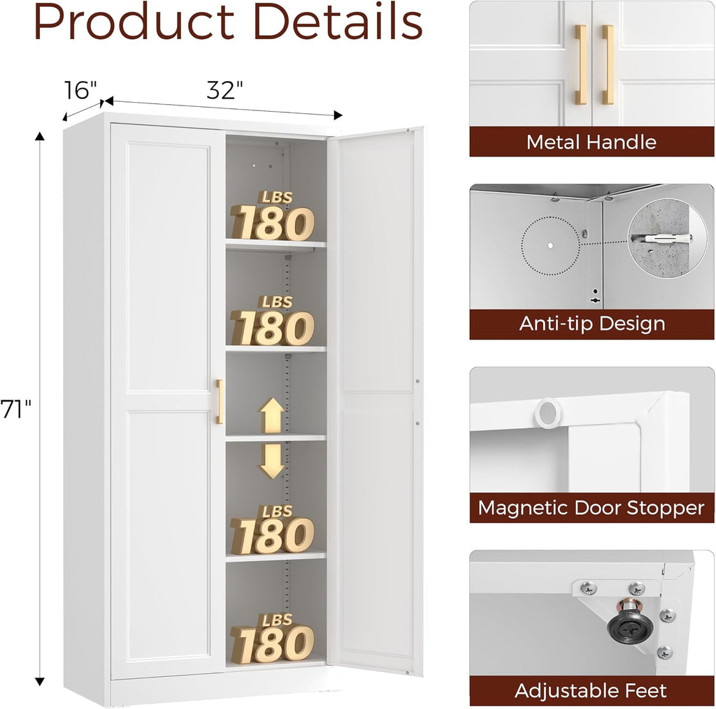 71' Tall Metal Pantry Cabinet, White Kitchen Pantry Storage Cabinet with 4 Adjustable Shelves and Gold Handles, Cupboard for Kitchen, Dining Room, Living Room, Bathroom