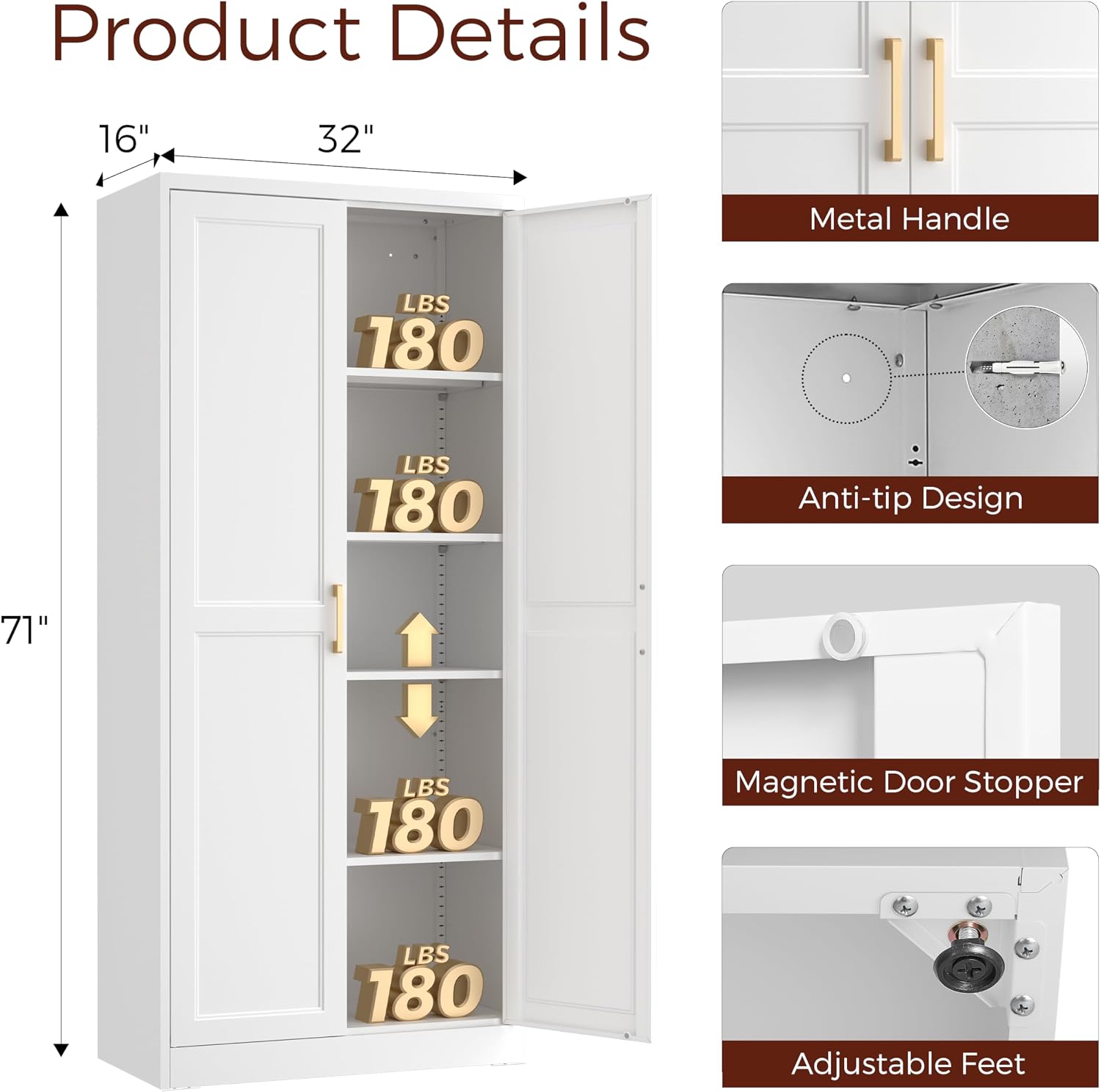 71' Tall Metal Pantry Cabinet, White Kitchen Pantry Storage Cabinet with 4 Adjustable Shelves and Gold Handles, Cupboard for Kitchen, Dining Room, Living Room, Bathroom