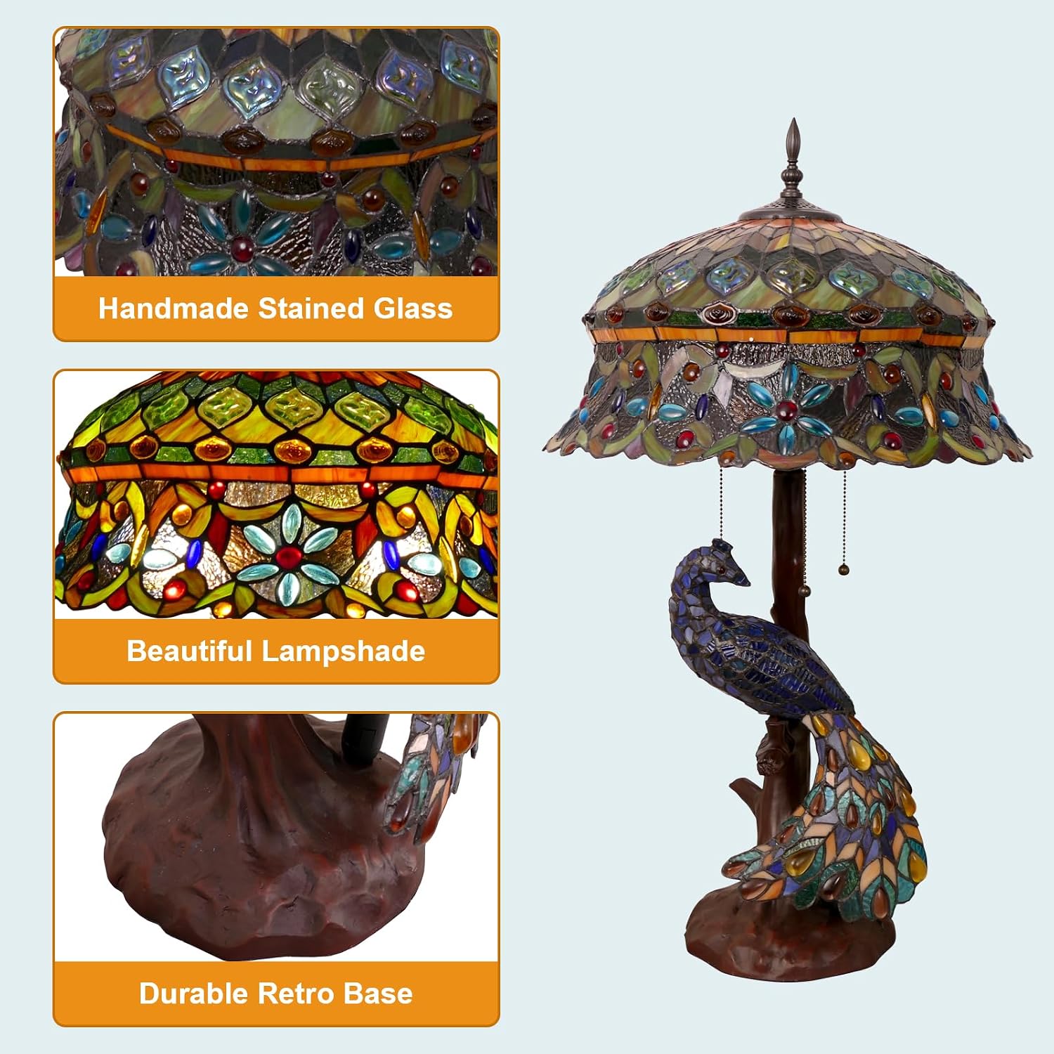 Tiffany Style Table Lamp Peacock Flower Style Handmade Stained Glass Lamp 18 Inch Wide 31 Inch Tall Vintage Desk Light Large Table Lamp for Bedroom Living Room Home Office Decoration