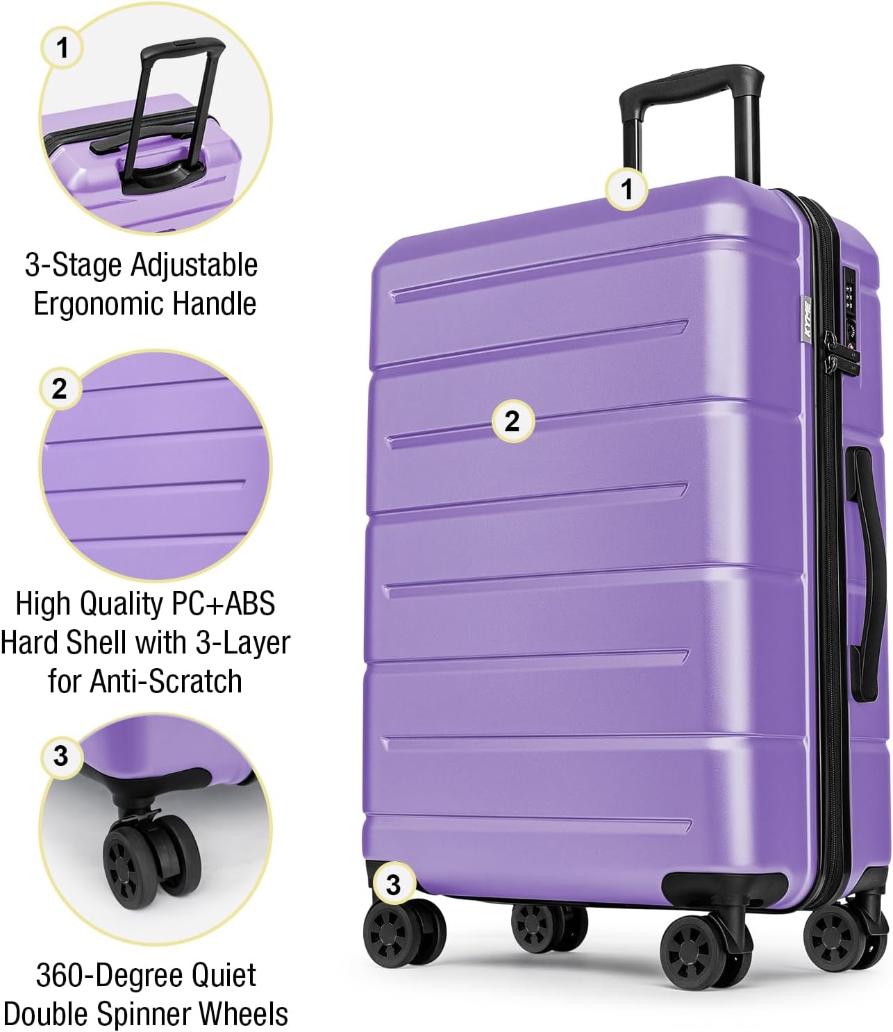 KYME Luggage Sets 2 Piece Suitcase Set Hardshell 20 inch/24 inch Luggage with Spinner Wheels Hardside PC+ABS Checked Medium Suitcase with TSA Lock for Women Lt Purple