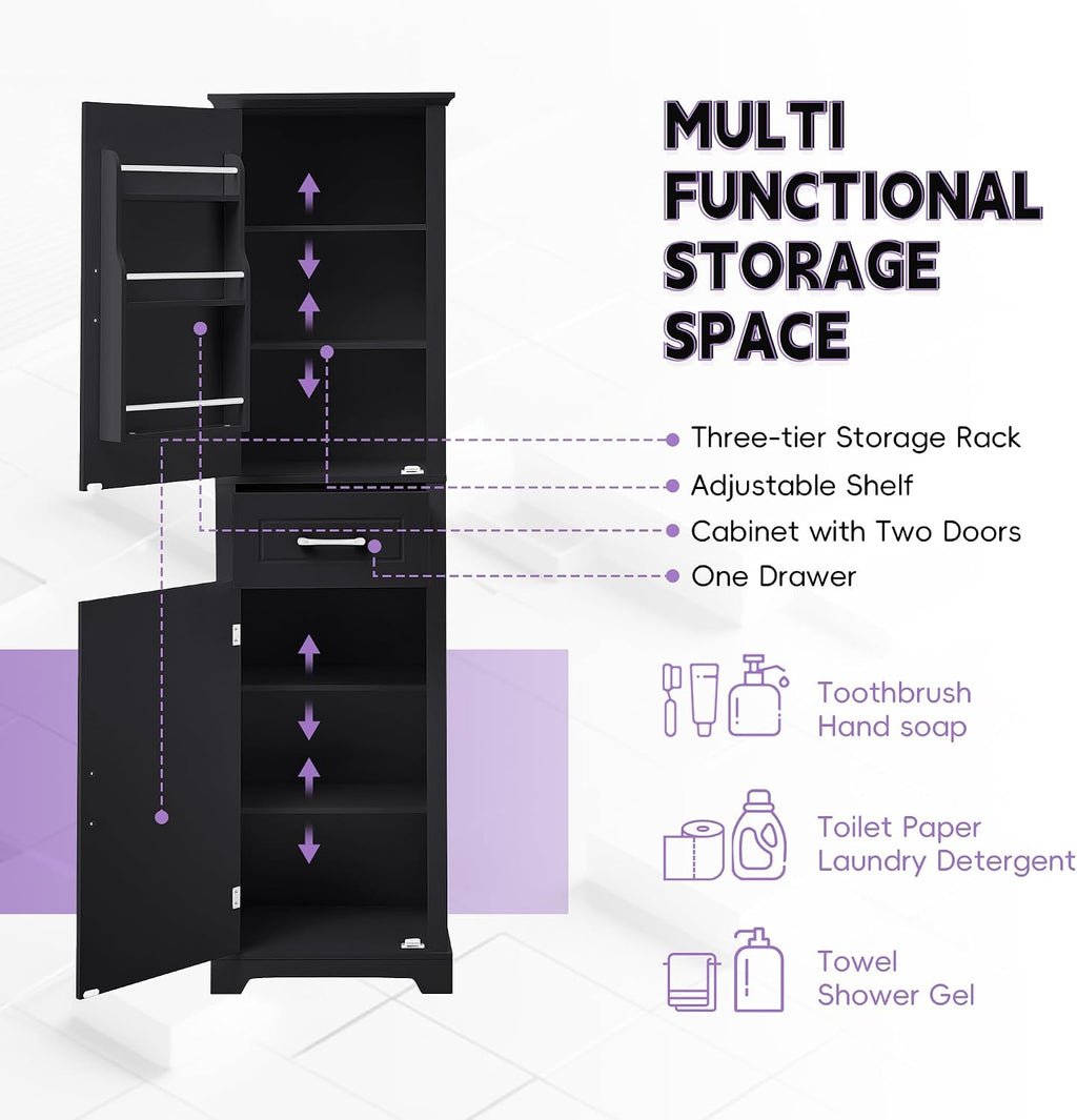 Tall Bathroom Storage Cabinet, Freestanding Bathroom Accent Storage Cabinet with Built-in Door Shelf & Adjustable Shelves, MDF Board with Painted Finish for Home Kitchen, Living room (Black Style4)