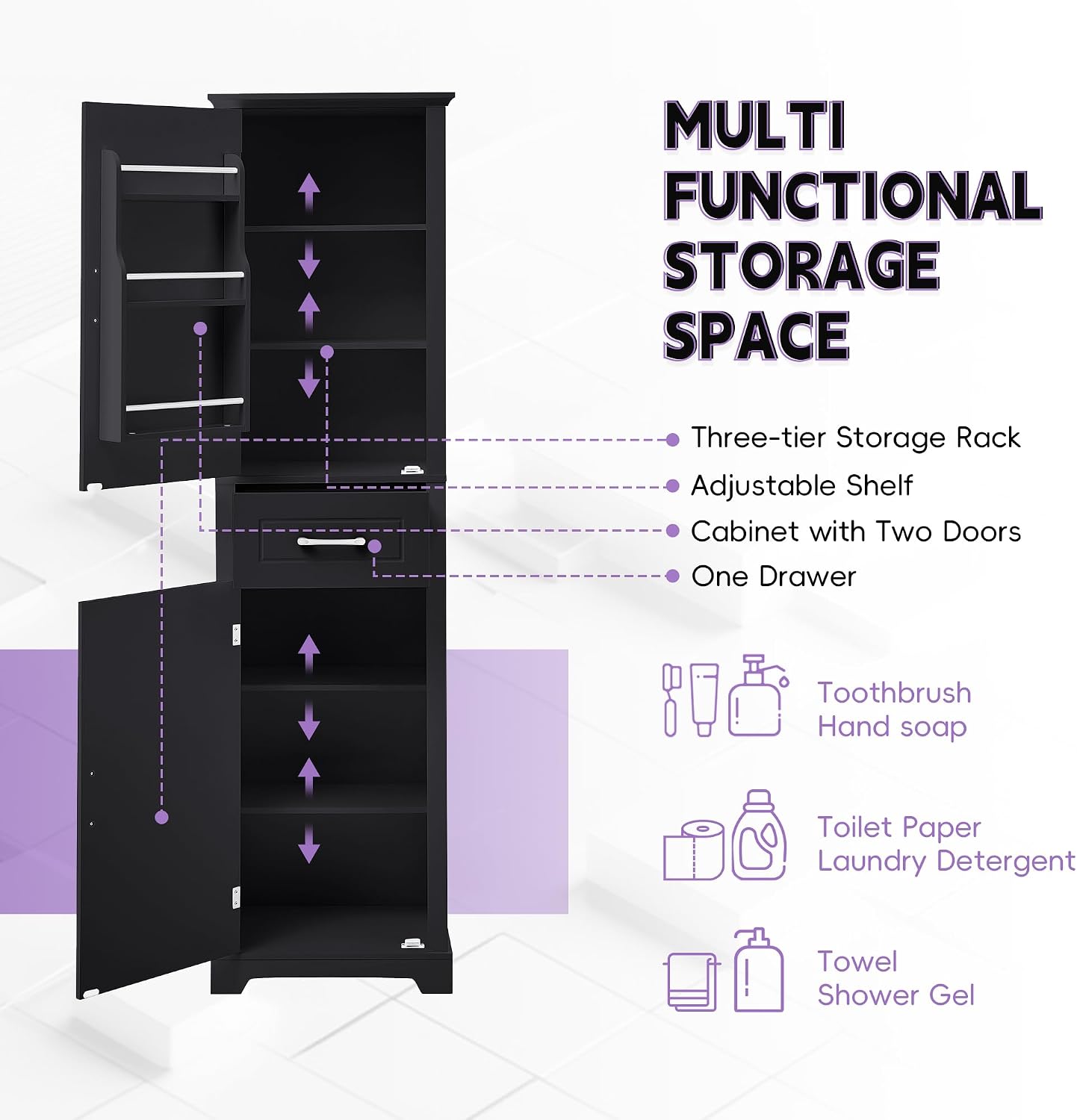 Tall Bathroom Storage Cabinet, Freestanding Bathroom Accent Storage Cabinet with Built-in Door Shelf & Adjustable Shelves, MDF Board with Painted Finish for Home Kitchen, Living room (Black Style4)