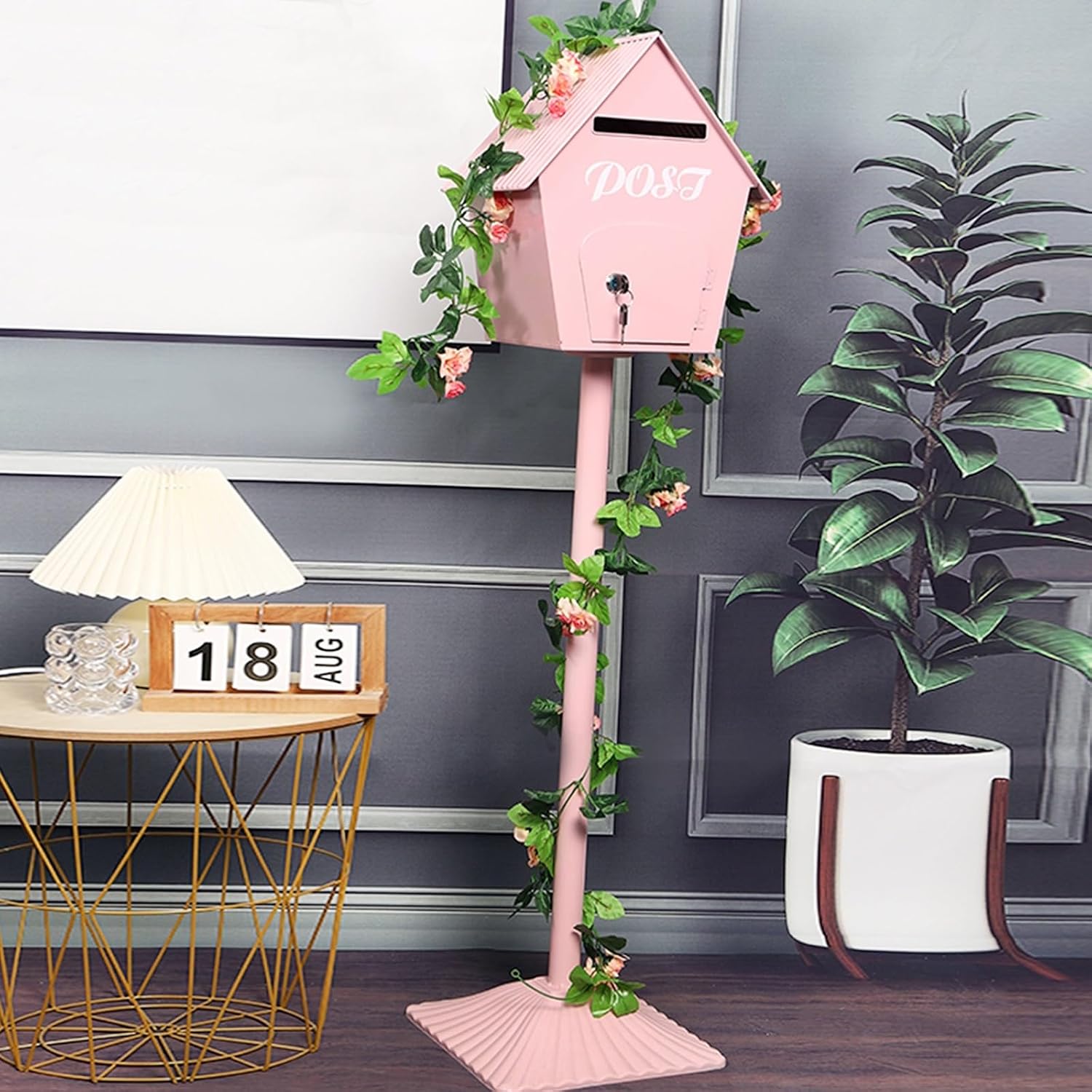Key Drop Box Wall Mount Mailbox Mailboxes for Outside Wall Mount, Metal Mailbox, Complete System with Steel Mailbox and Aluminum Post Included(Pinks)