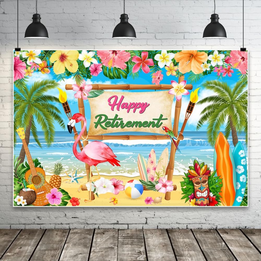 Summer Hawaiian Beach Happy Retirement Backdrop Luau Aloha Retirement Party Decorations Tropical Beach Farewell Photography Background Retired Party Supplies Banner 20x10ft