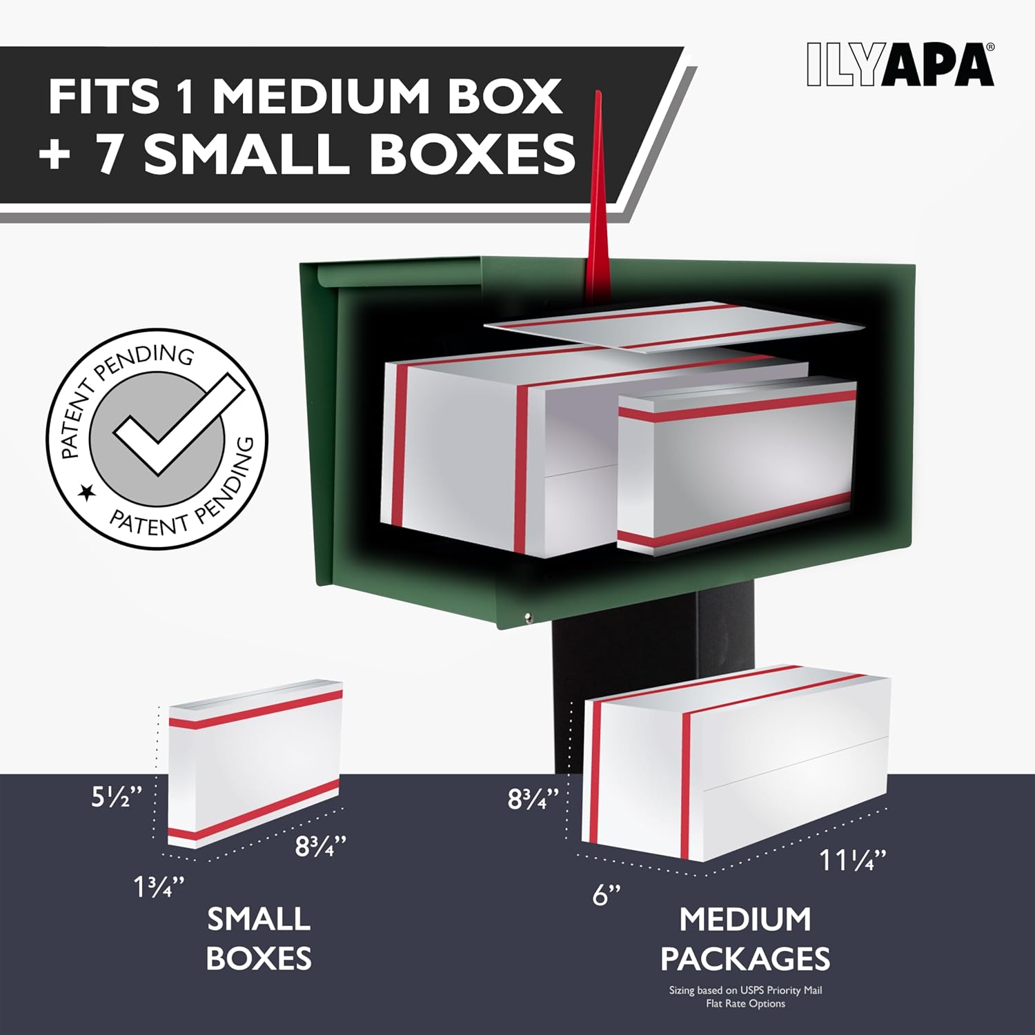 Ilyapa Modern Mailbox for Outside Post Mount - Green Powder Coated Metal Mailbox, Waterproof Letter Box for Parcels, with Recessed Magnetic Close Door