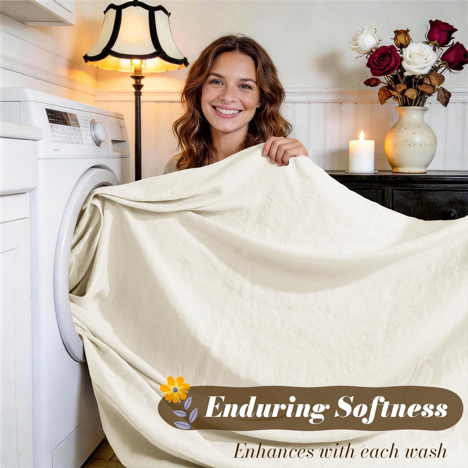 SONORO KATE 100% French Pure Linen Queen Size Sheets, Breathable and Durable, 16 Inch Deep Pocket - 4 Piece (Cream)