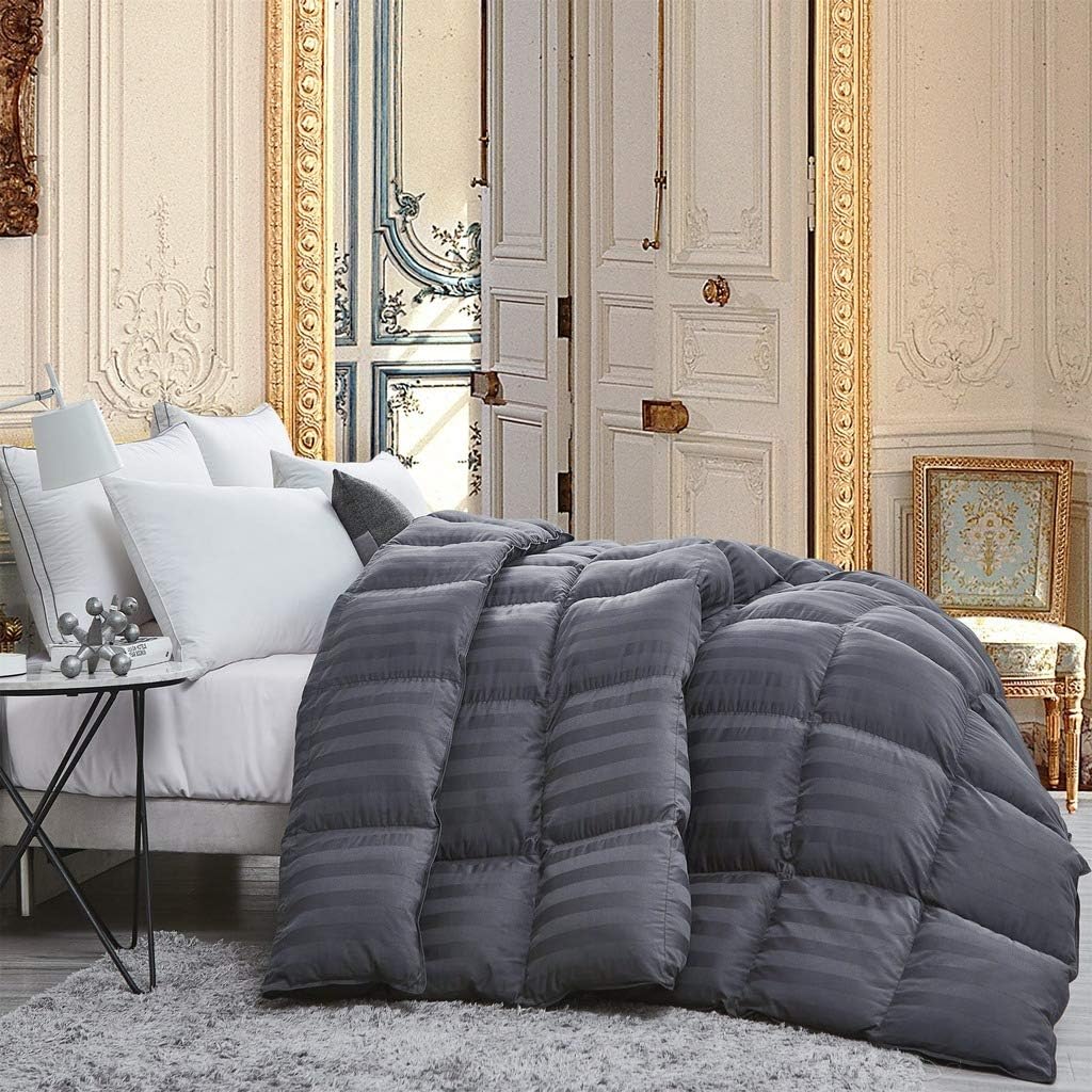 Luxurious Light Weight Goose Down Comforter Queen Size Duvet, Exquisite Gray Stripe Design, 1200 Thread Count 100% Egyptian Cotton Fabric, 750+ Fill Power, 45 oz Fill Weight