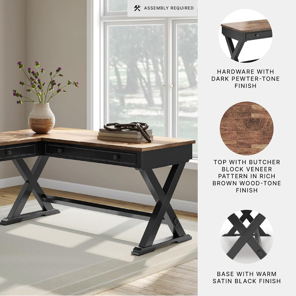 Signature Design by Ashley Wildenauer Casual 3-Drawer Home Office Desk and Return with Drop-Down Keyboard Tray and Cord Management, L-Shaped Desk, Wood, Mango Wood Veneer, Light Brown & Black