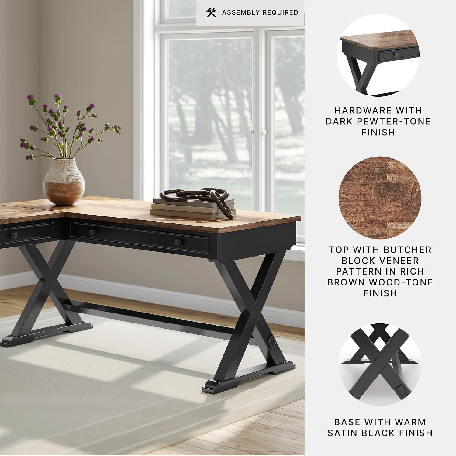 Signature Design by Ashley Wildenauer Casual 3-Drawer Home Office Desk and Return with Drop-Down Keyboard Tray and Cord Management, L-Shaped Desk, Wood, Mango Wood Veneer, Light Brown & Black